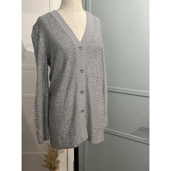 Amina Rubinacci Long Cashmere Sweater Cardigan Gray Sequin Size 42 Small US 6 - Picture 2 of 8